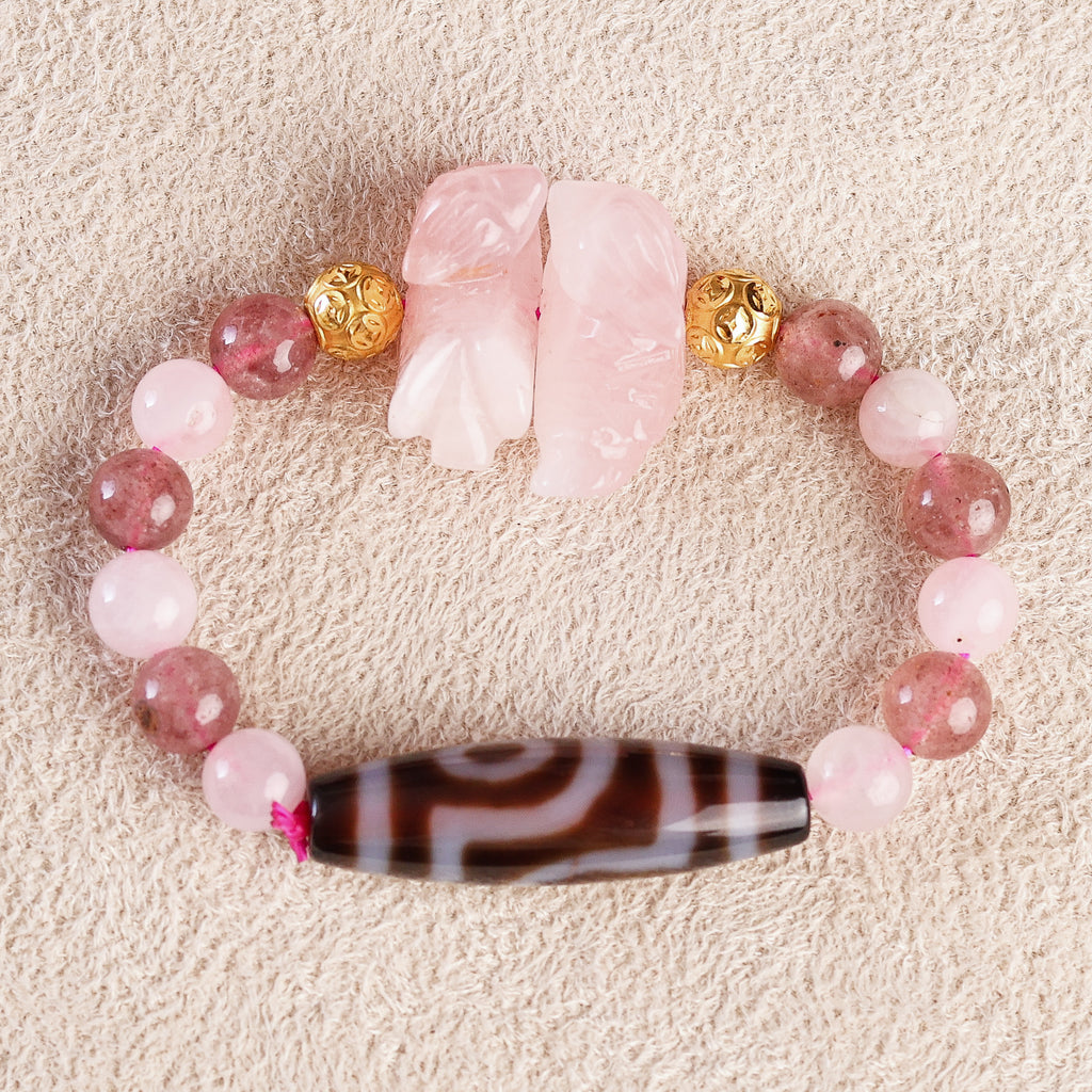 Mandarin Duck + Dzai + Double Fortune Ball Charm with Rose and Strawberry Quartz