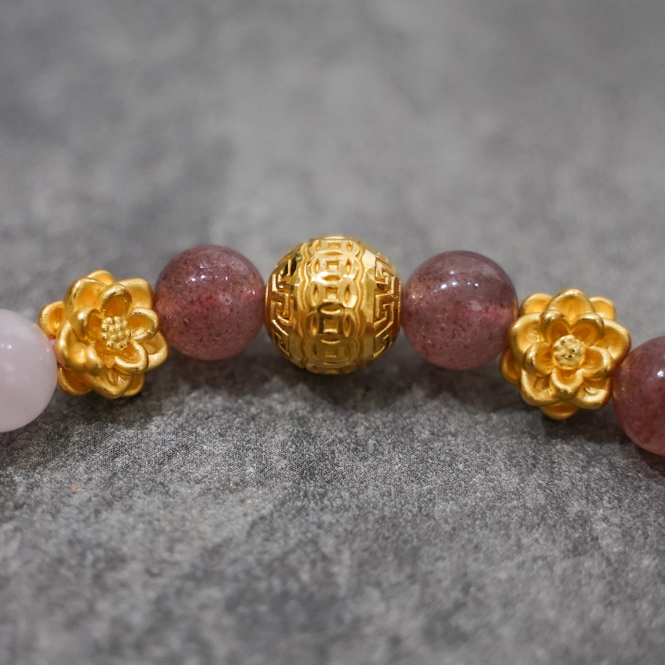 Double Lotus Flower + Fortune Ball Charm with Rose and Strawberry Quartz