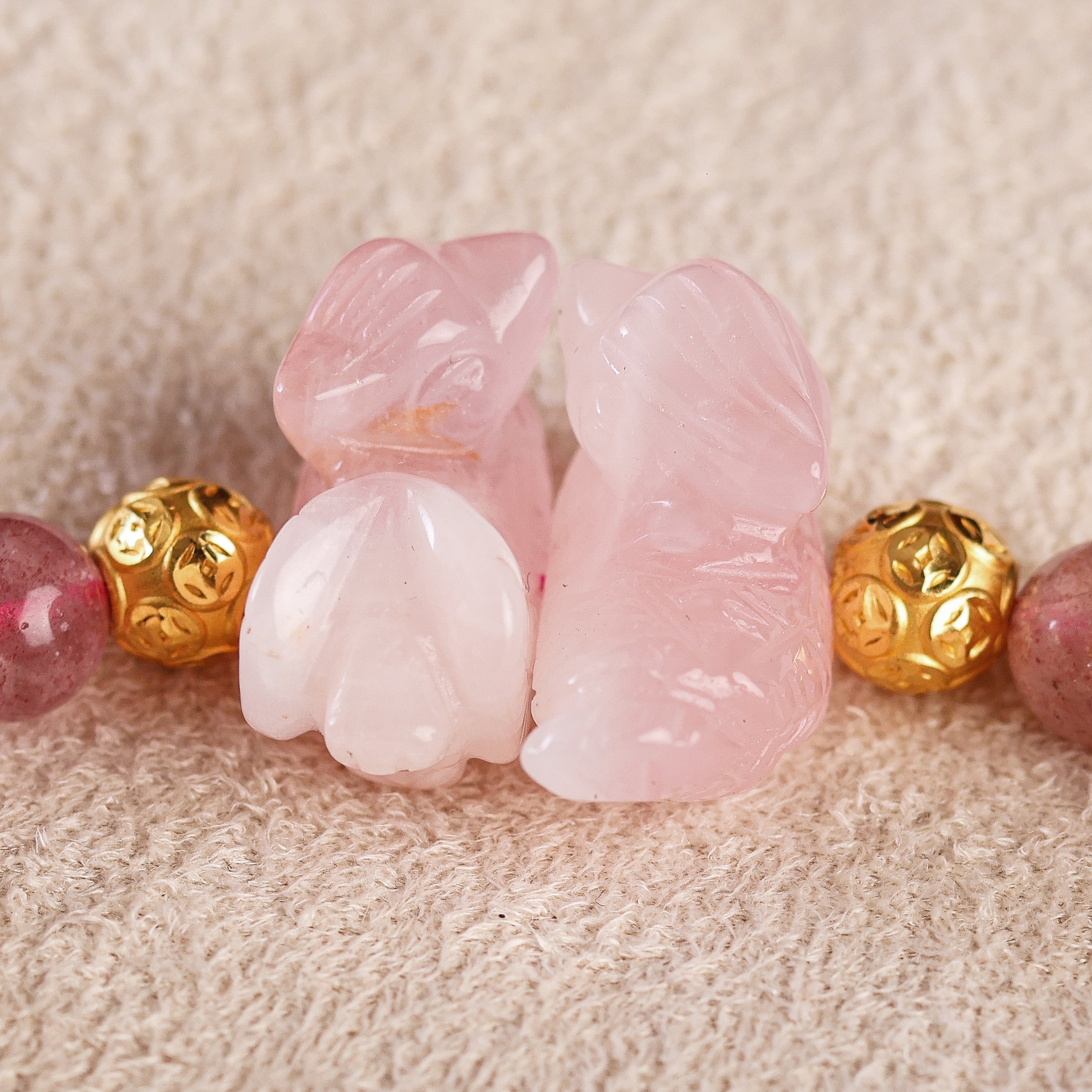 Mandarin Duck + Dzai + Double Fortune Ball Charm with Rose and Strawberry Quartz