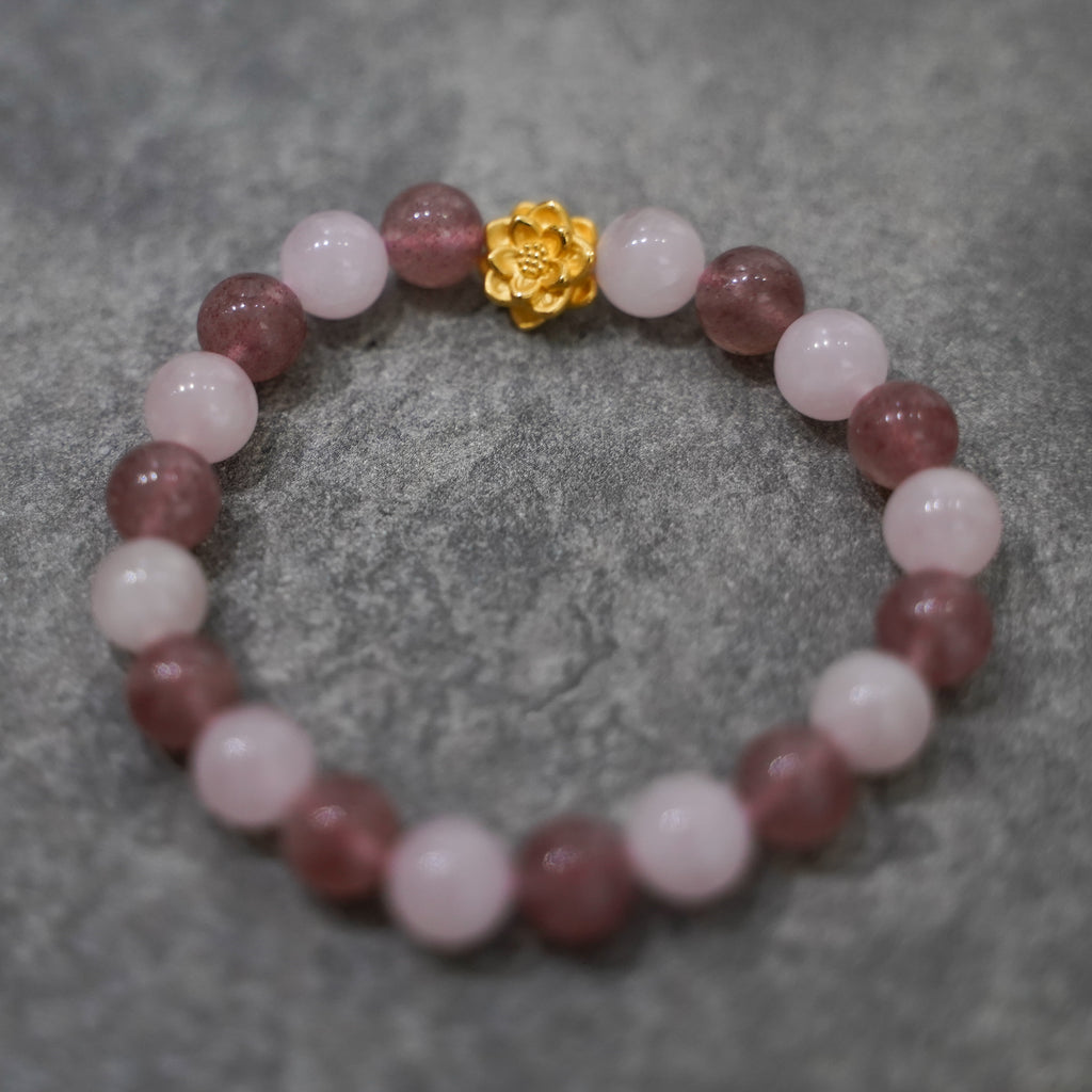 Lotus Flower Charm with Rose and Strawberry Quartz