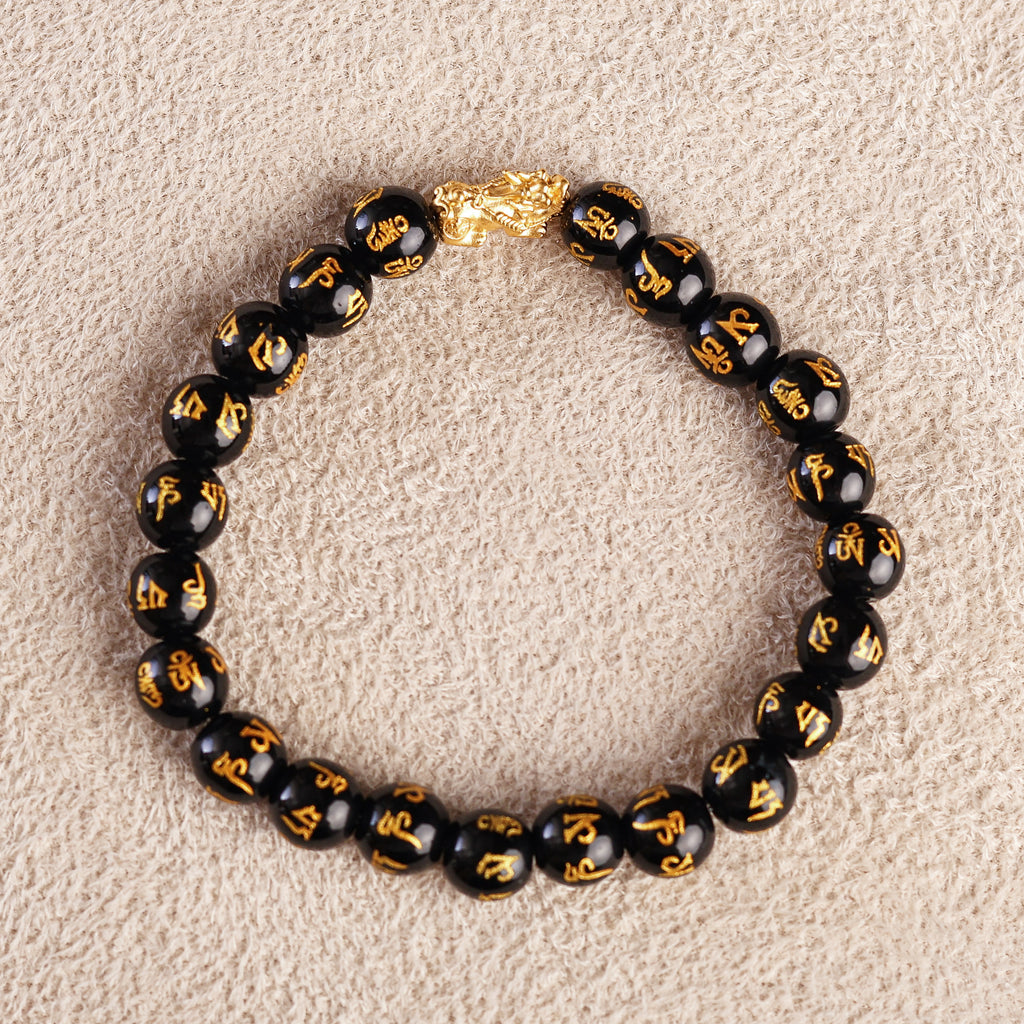 Pi Yao Charm and Mantra Black Onyx Bracelet