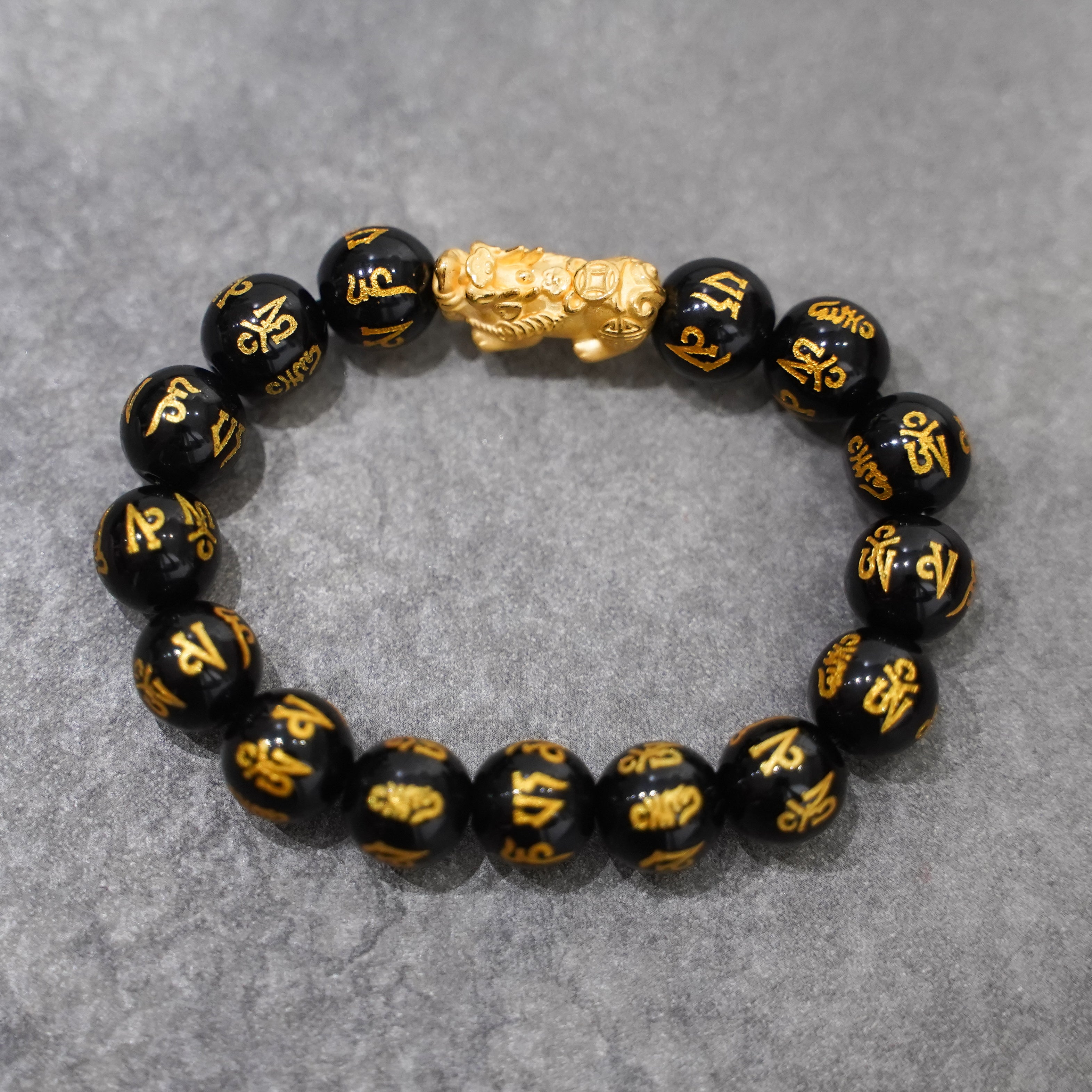 Pi Yao Charm and Mantra Black Onyx Bracelet