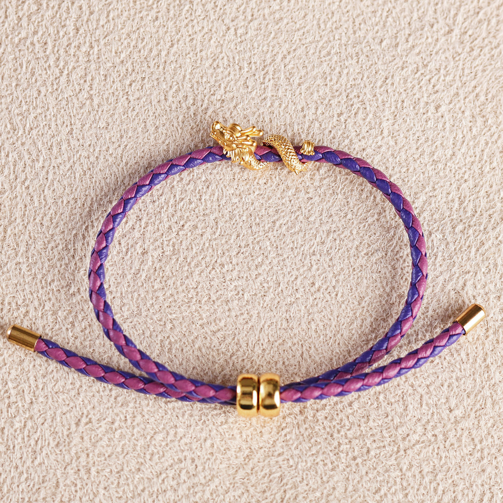Dragon Charm on Purple and Pink String Bracelet
