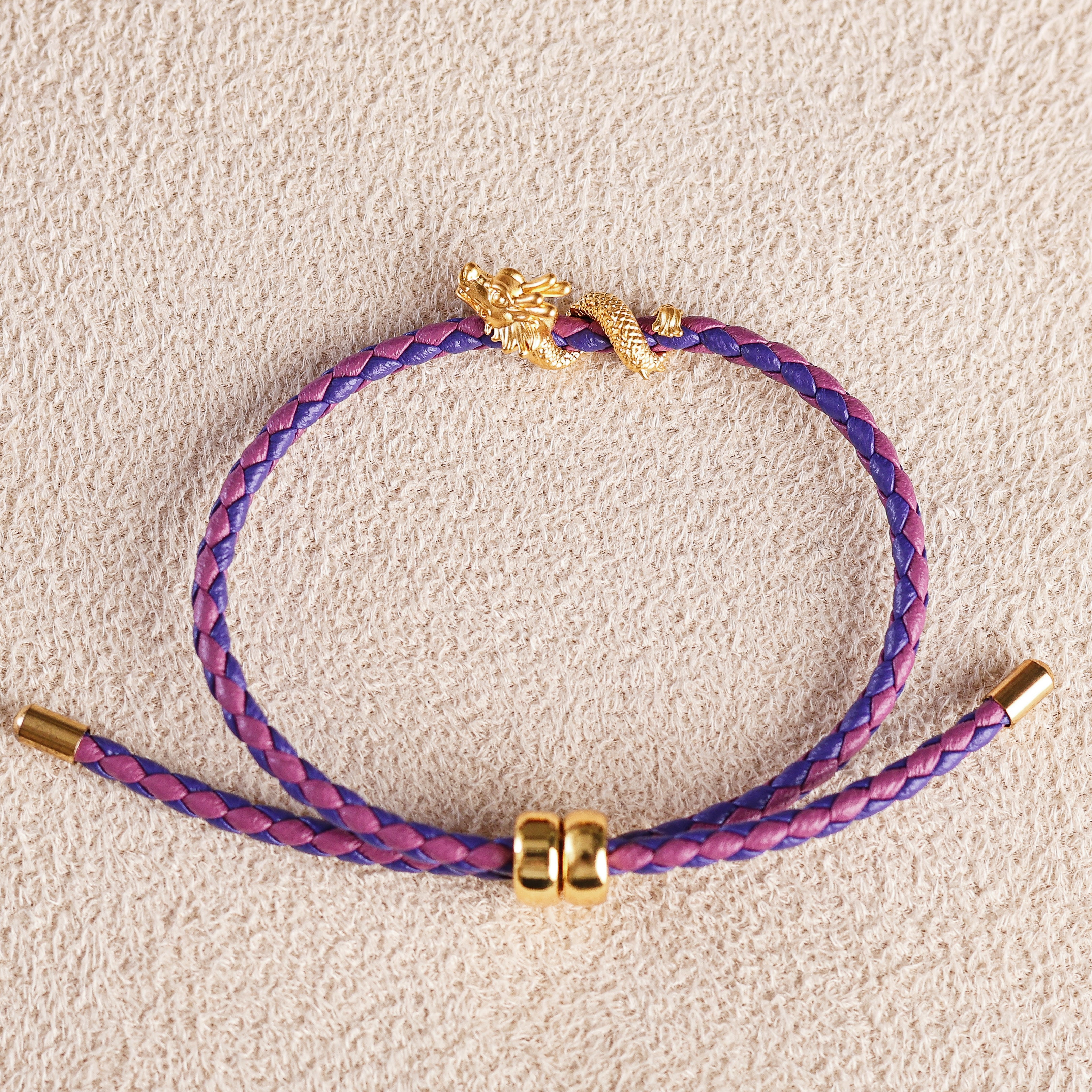 Dragon Charm on Purple and Pink String Bracelet