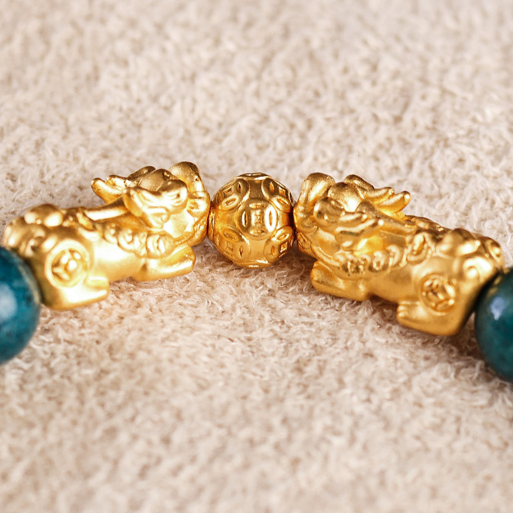 Double Pi Yao + Fortune Ball Charm and Green Agate Bracelet