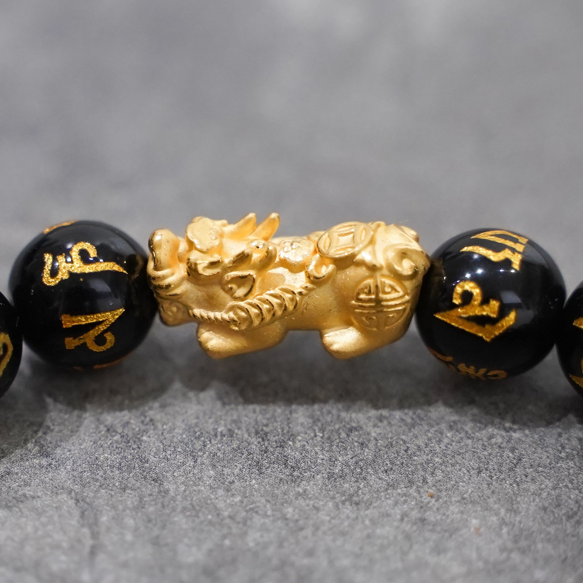 Pi Yao Charm and Mantra Black Onyx Bracelet