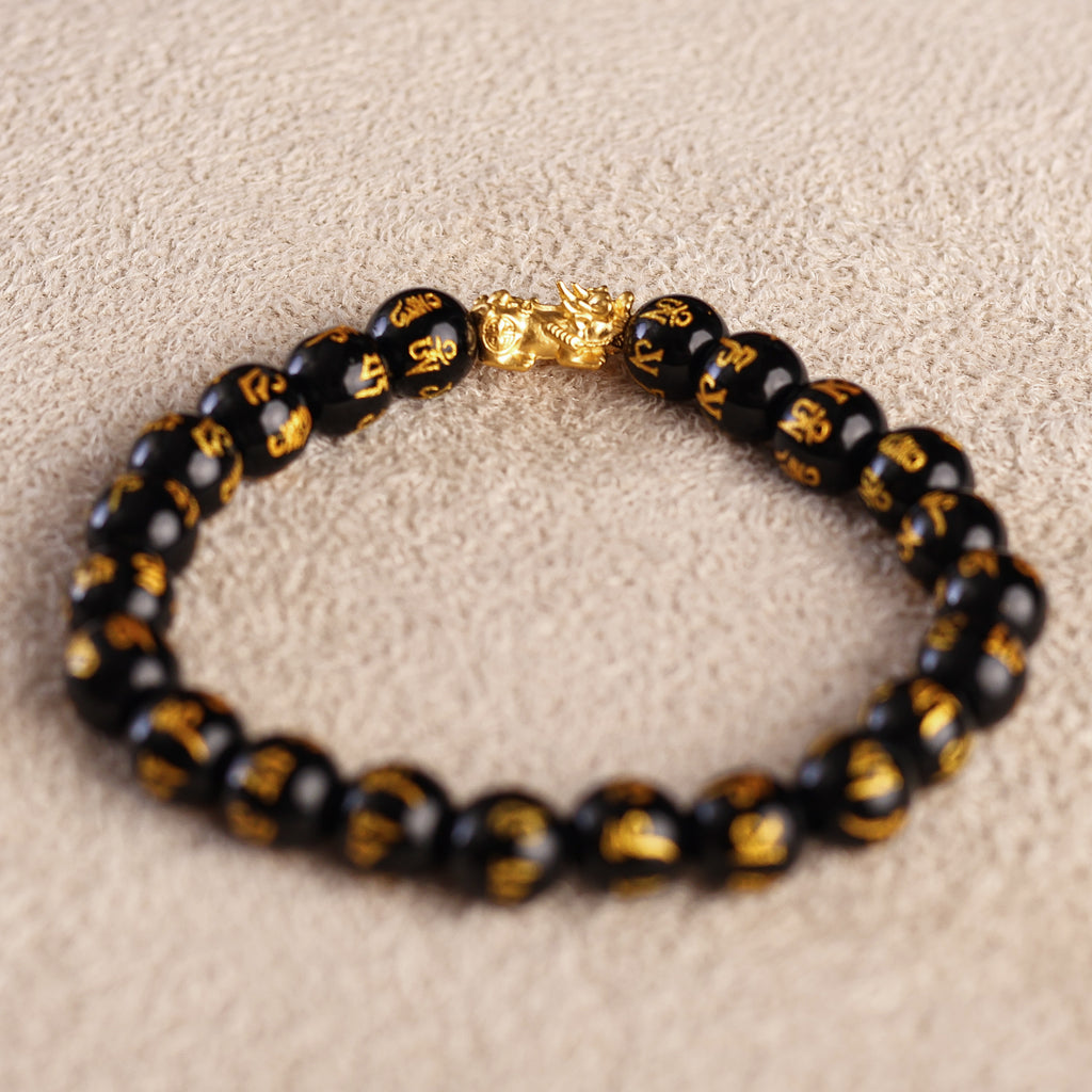 Pi Yao Charm and Mantra Black Onyx Bracelet