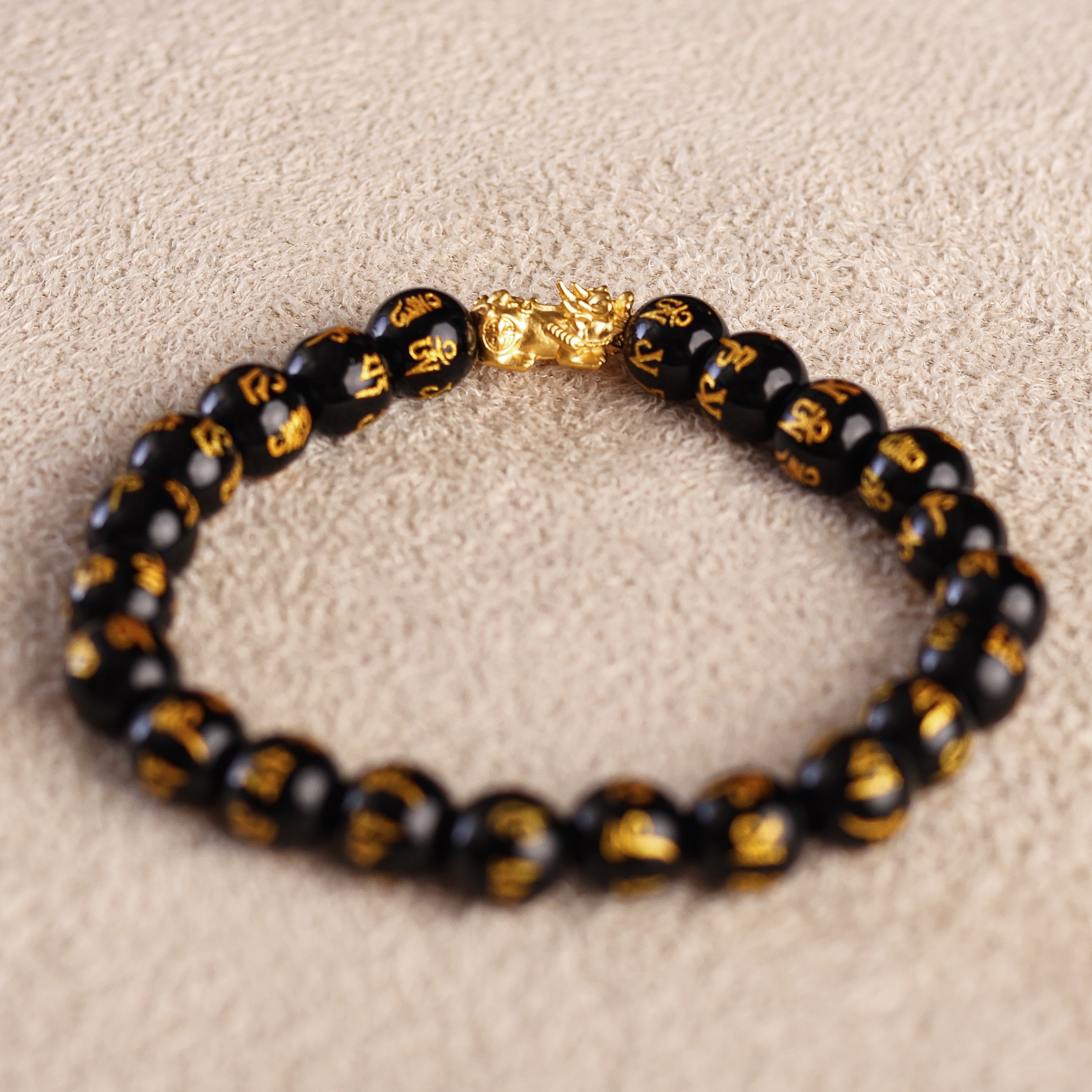 Pi Yao Charm and Mantra Black Onyx Bracelet