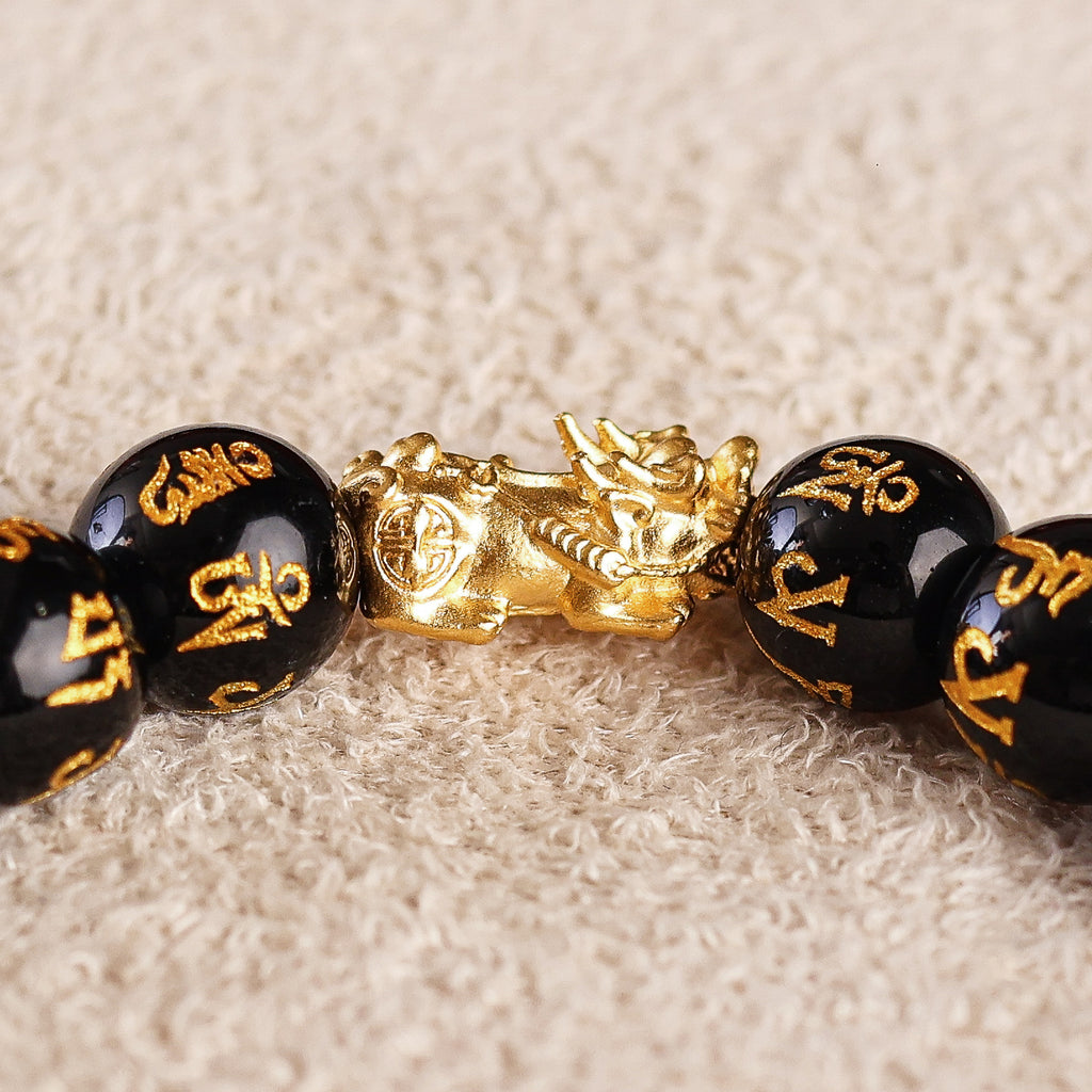Pi Yao Charm and Mantra Black Onyx Bracelet