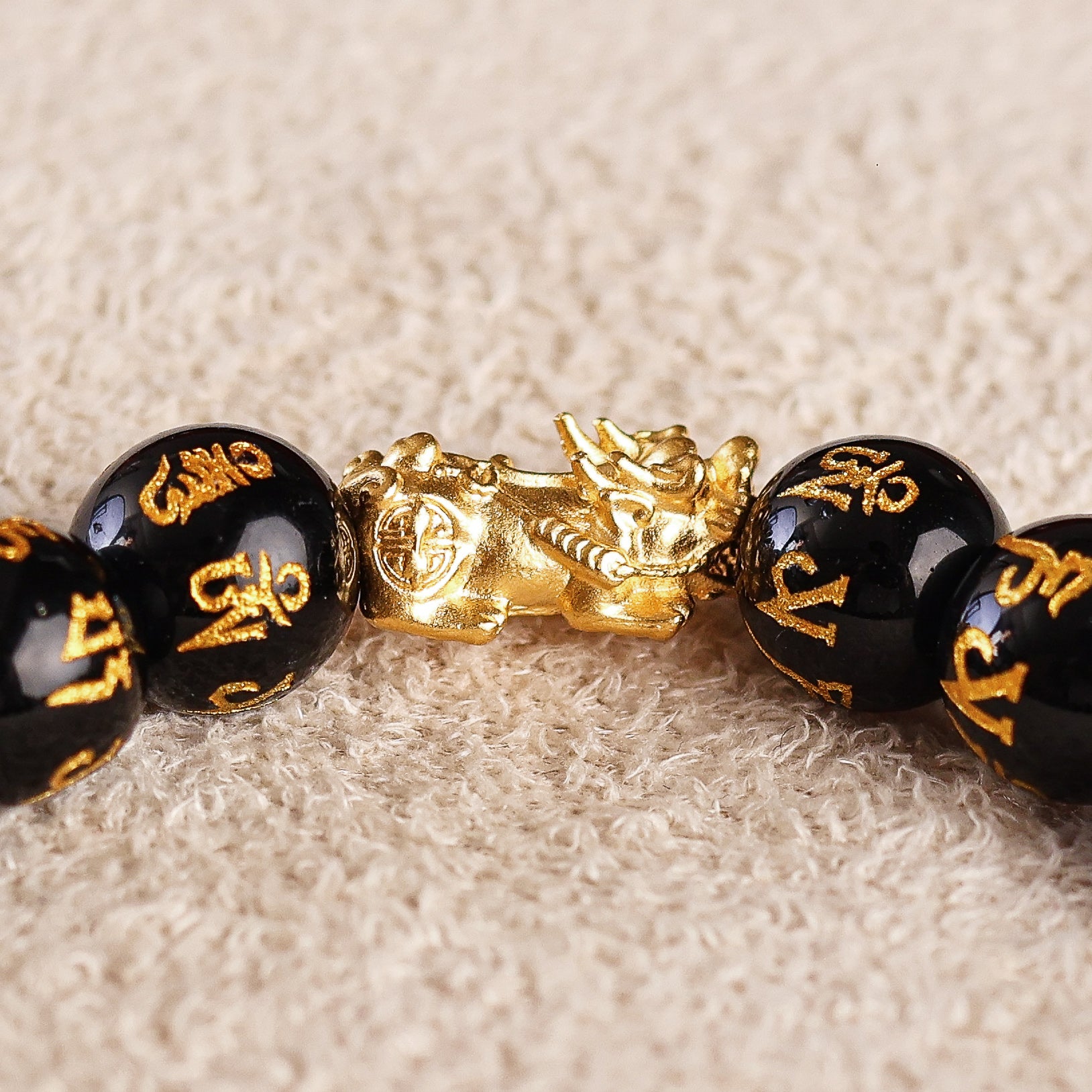 Pi Yao Charm and Mantra Black Onyx Bracelet