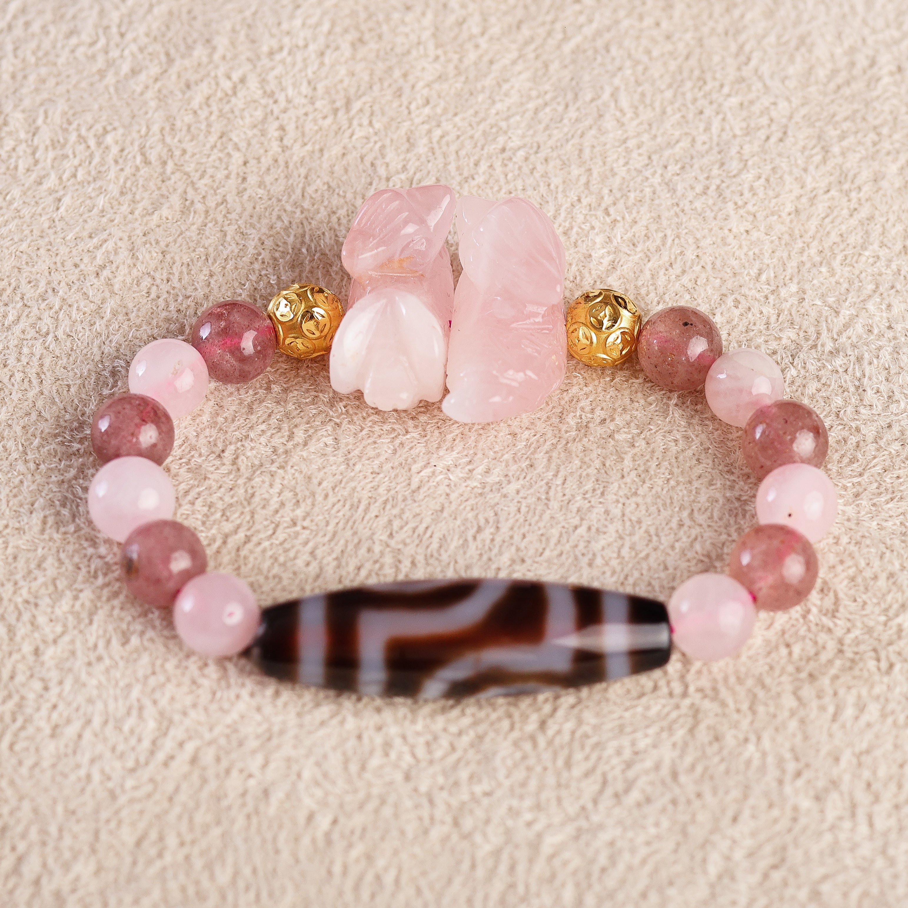 Mandarin Duck + Dzai + Double Fortune Ball Charm with Rose and Strawberry Quartz