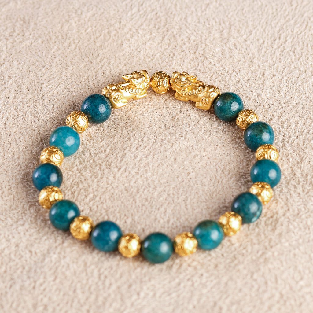 Double Pi Yao + Fortune Ball Charm and Green Agate Bracelet
