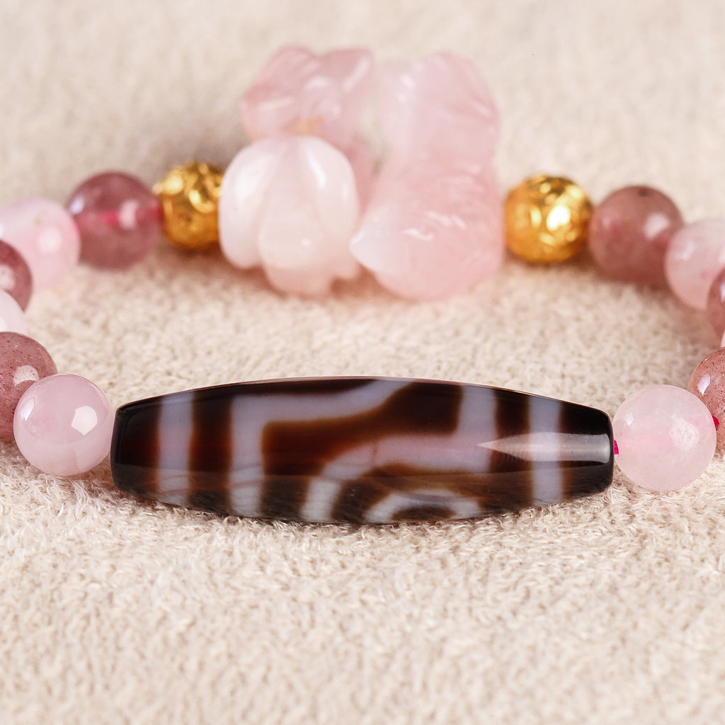 Mandarin Duck + Dzai + Double Fortune Ball Charm with Rose and Strawberry Quartz