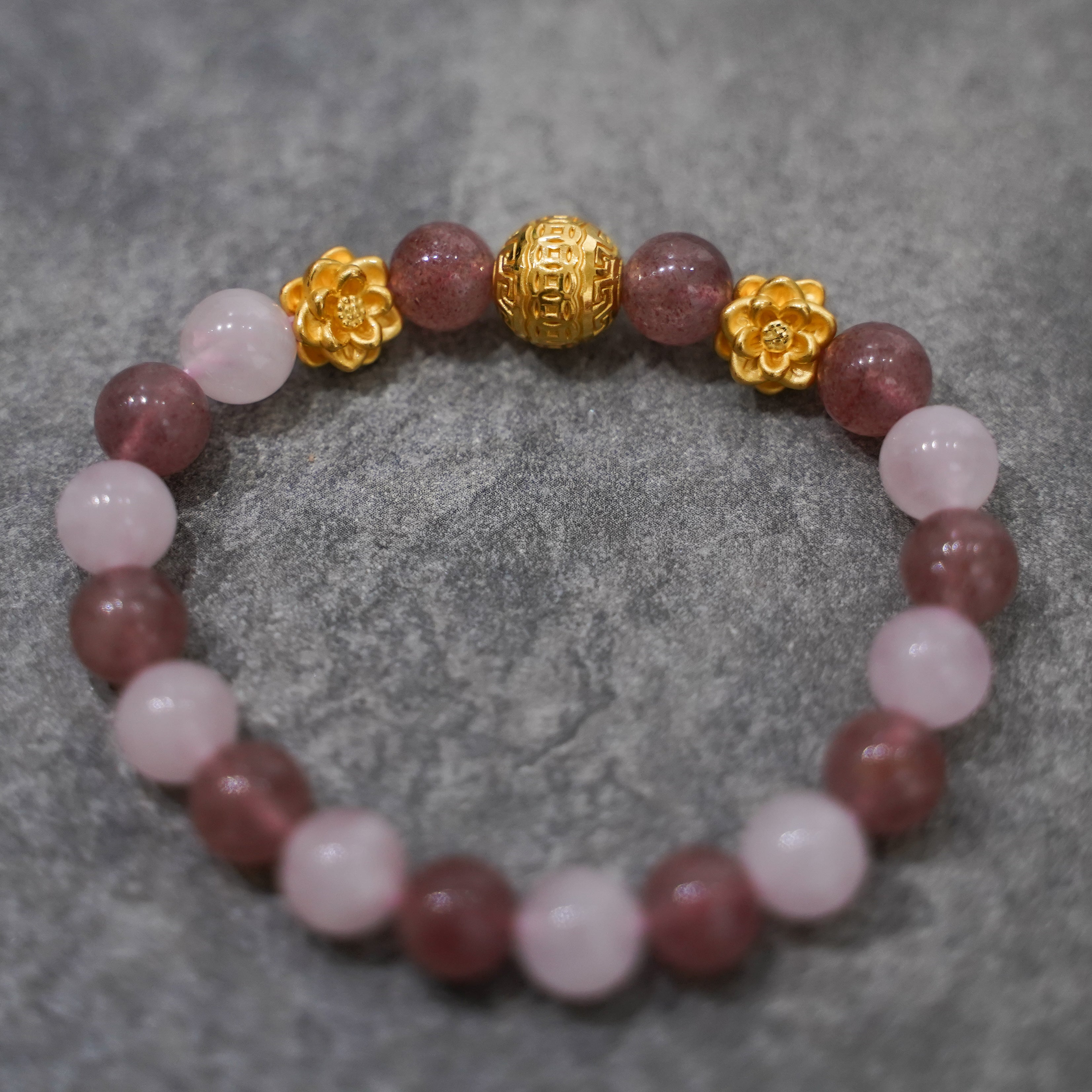 Double Lotus Flower + Fortune Ball Charm with Rose and Strawberry Quartz
