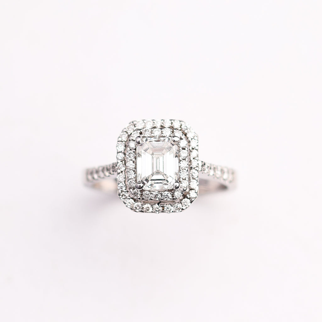 Double Halo Emerald-Cut Ring