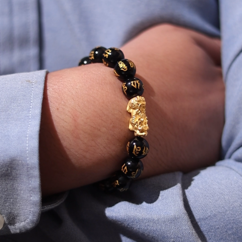 Pi Yao Charm and Mantra Black Onyx Bracelet